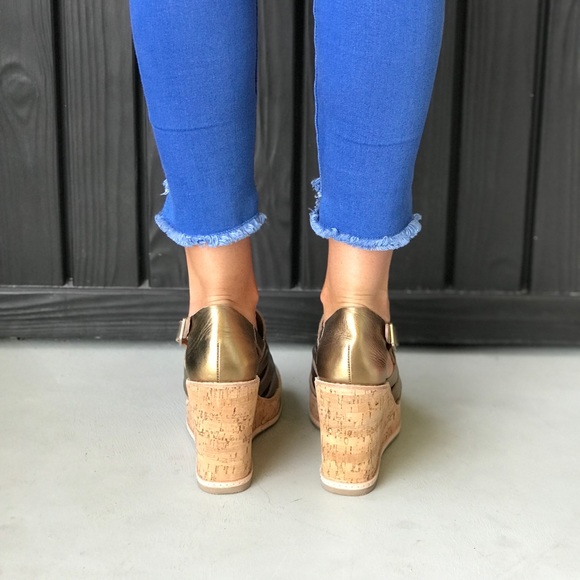 Bronze Chic Strappy Genuine Leather Caged Wedges - Picture 3 of 6